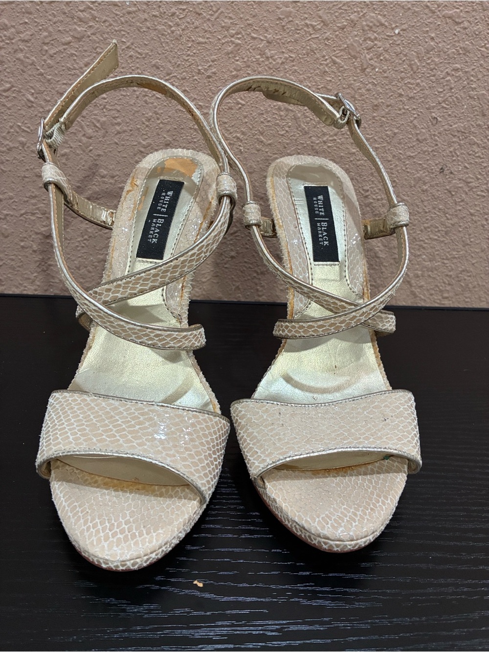 White House Black Market Neutral Textured Strap Heels
